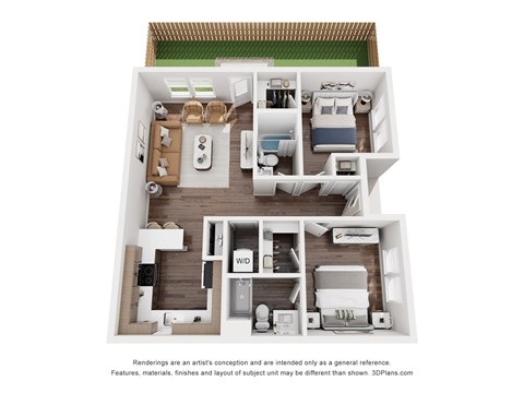 A 3D floor plan of a house with a kitchen, living room, and two bedrooms.